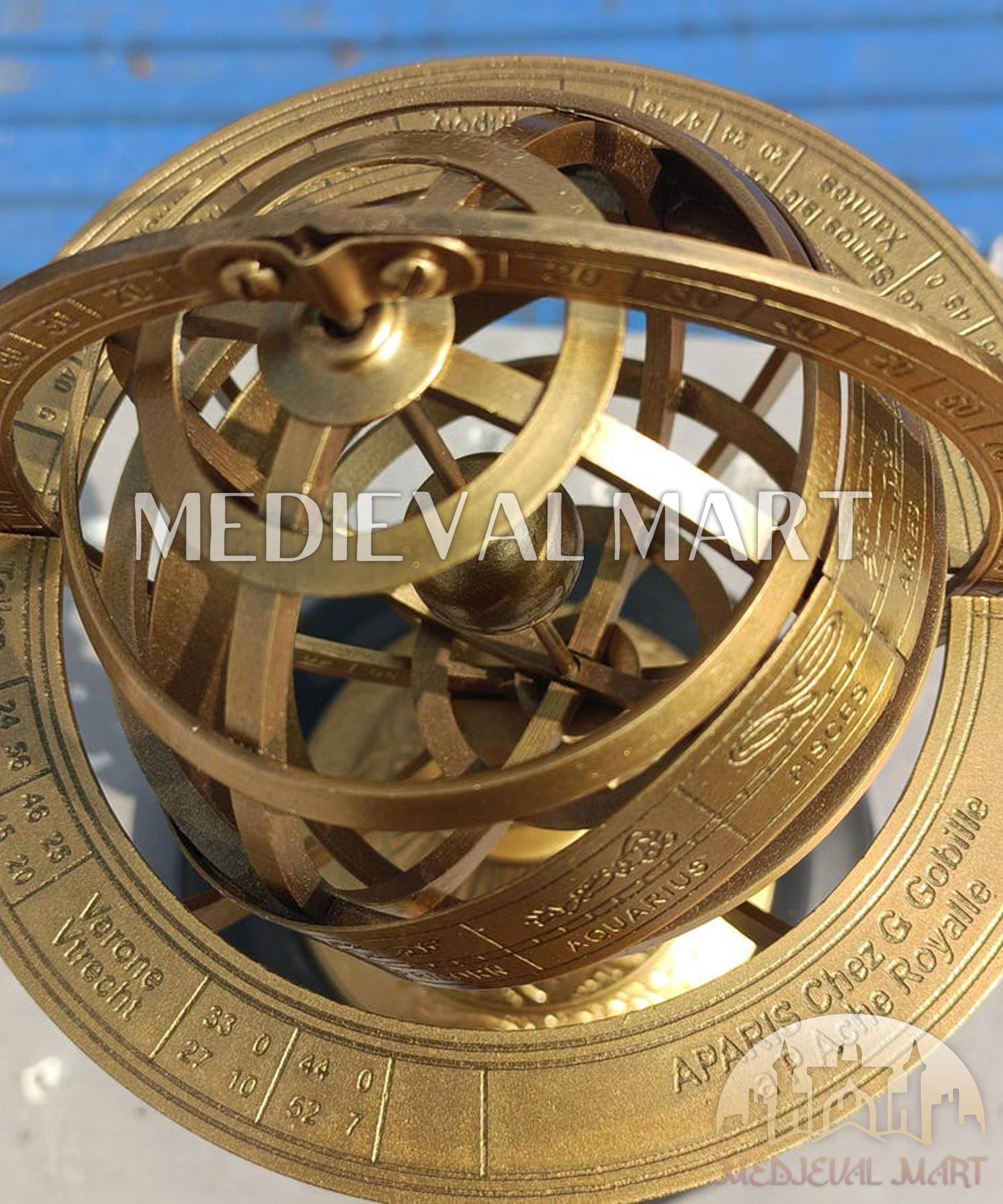 MEDIEVALMART Handmade Engraved Brass Armillary Sphere with Wooden Base – Nautical Globe Decor