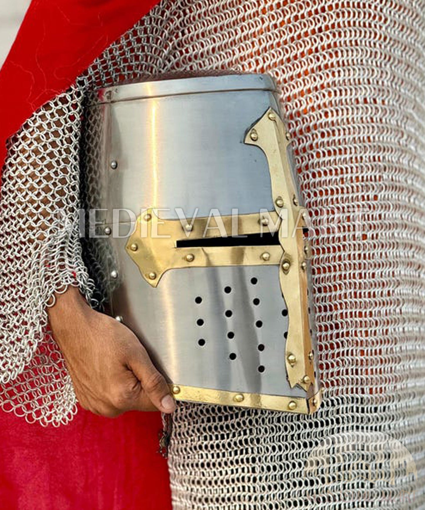 MEDIEVALMART Medieval Sivler Knight Templar Crusader Helmet W/H Brass Deco for LARP or Cosplay - Gift For Dad