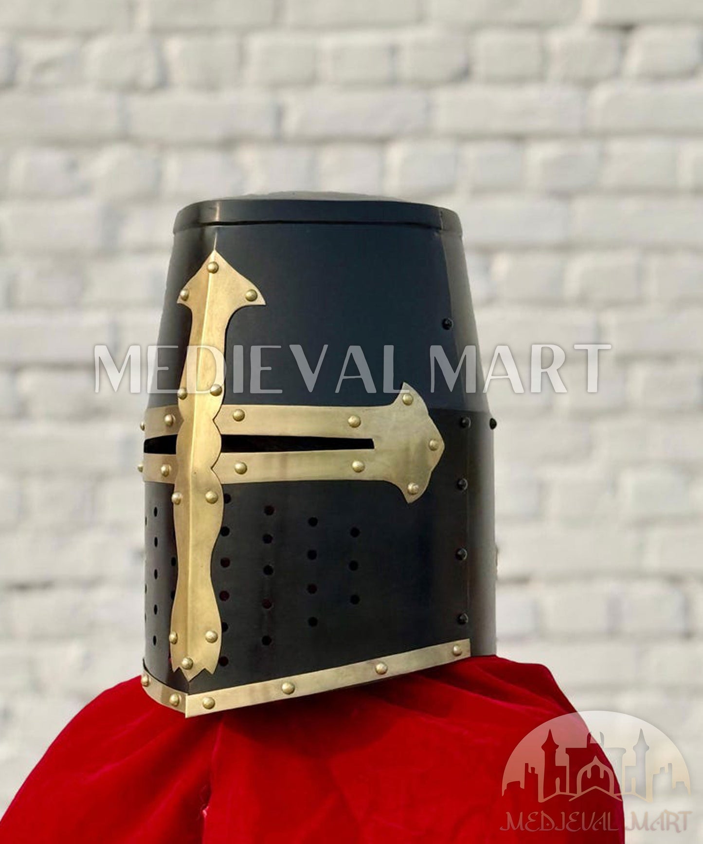 MEDIEVALMART Medieval Black Knight Templar Crusader  Knight Helmet W/H Brass Deco for LARP or Cosplay - Gift For Dad