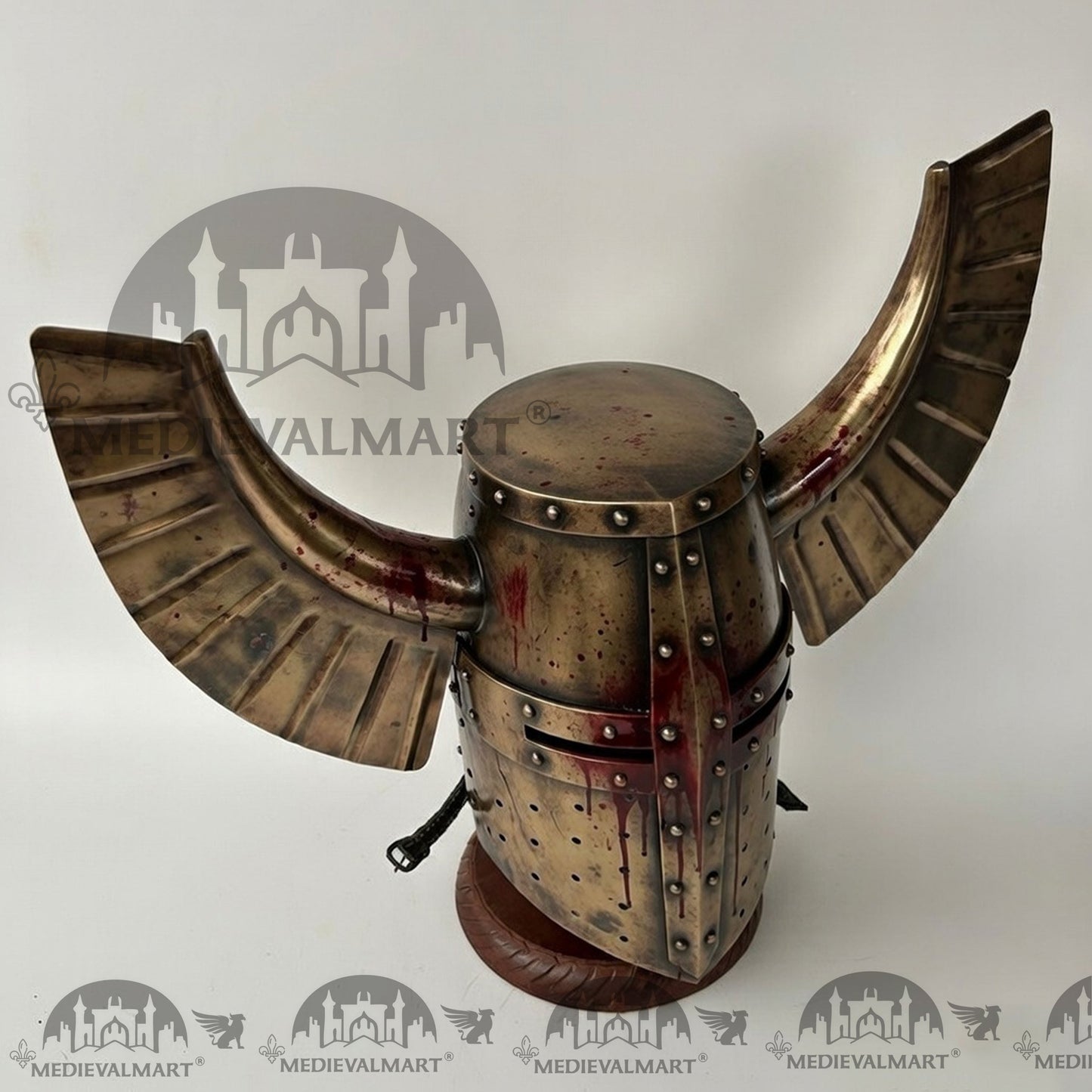 MEDIEVALMART Medieval Templar Warrior Teutonic Damage Gold W/H Blood Finish Finish Wing Helmet with Free Stand