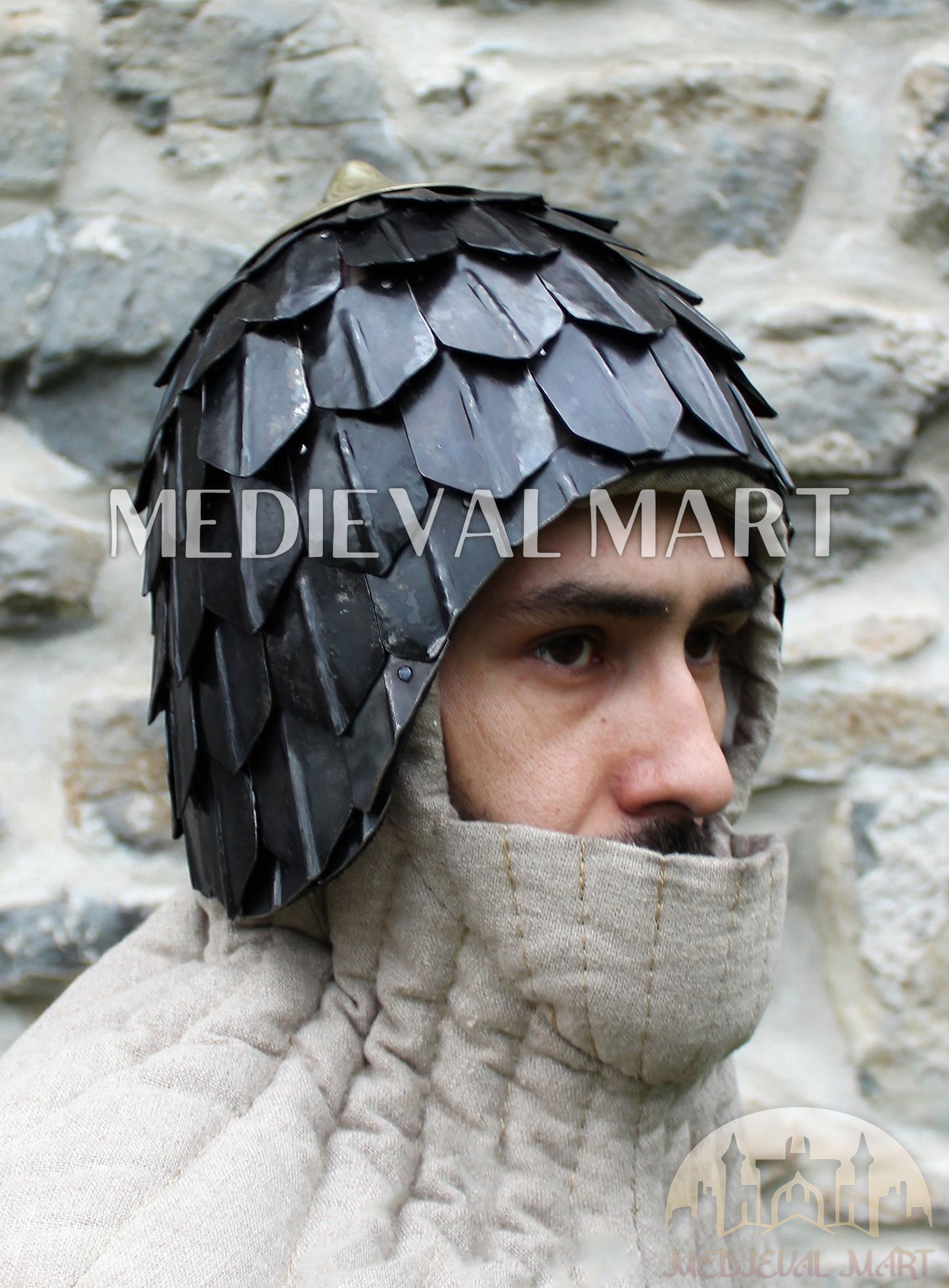 MEDIEVALMART Medieval Historical Scaled Skull Cap Helmet W/H Antique Black Polished & Carbon Steel