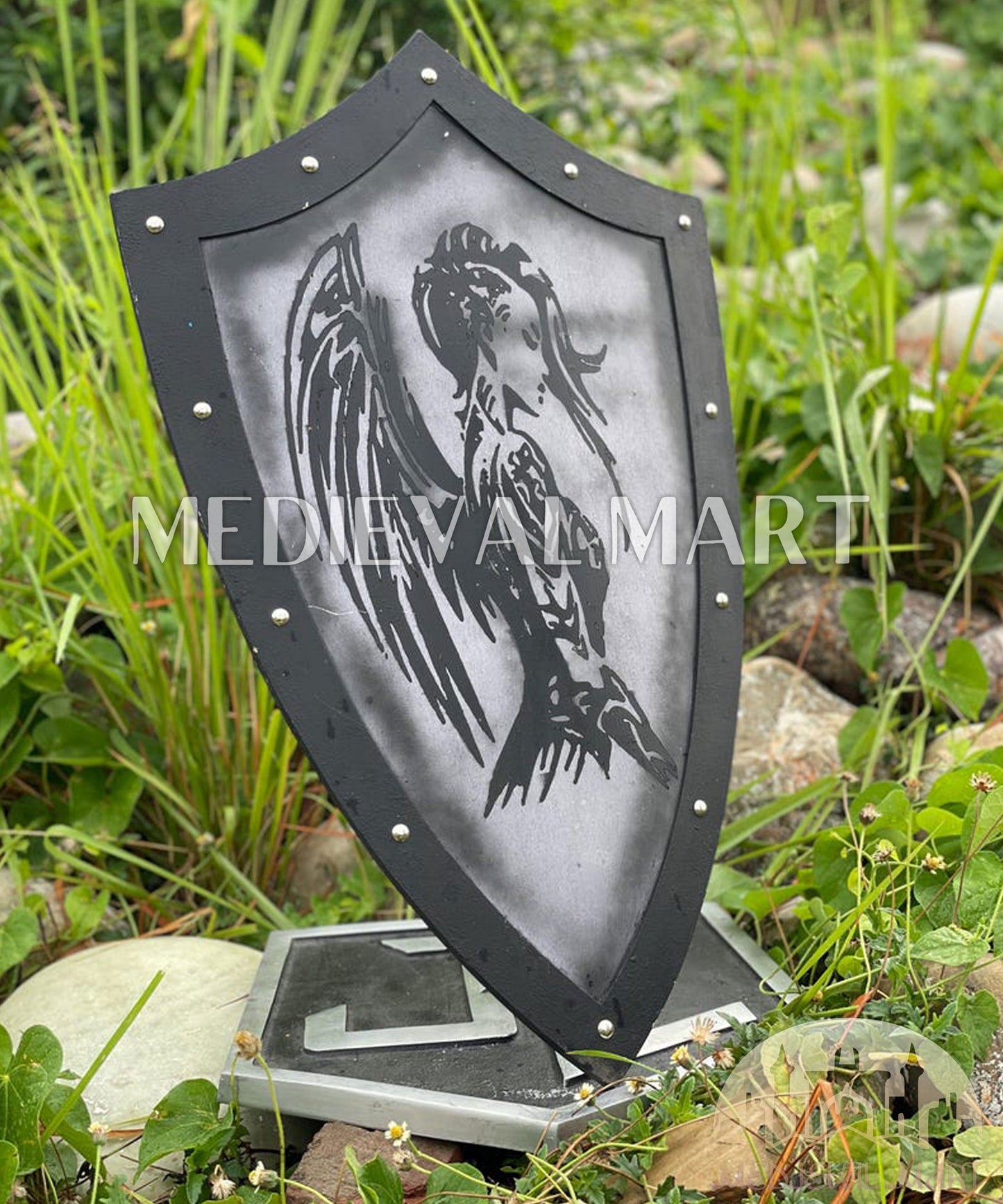 MEDIEVALMART Medieval Templar Devil Angel Inspired Wooden Shield Black & Siver Finish | Gift for Christmas Day