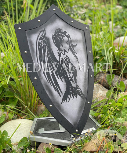MEDIEVALMART Medieval Templar Devil Angel Inspired Wooden Shield Black & Siver Finish | Gift for Christmas Day