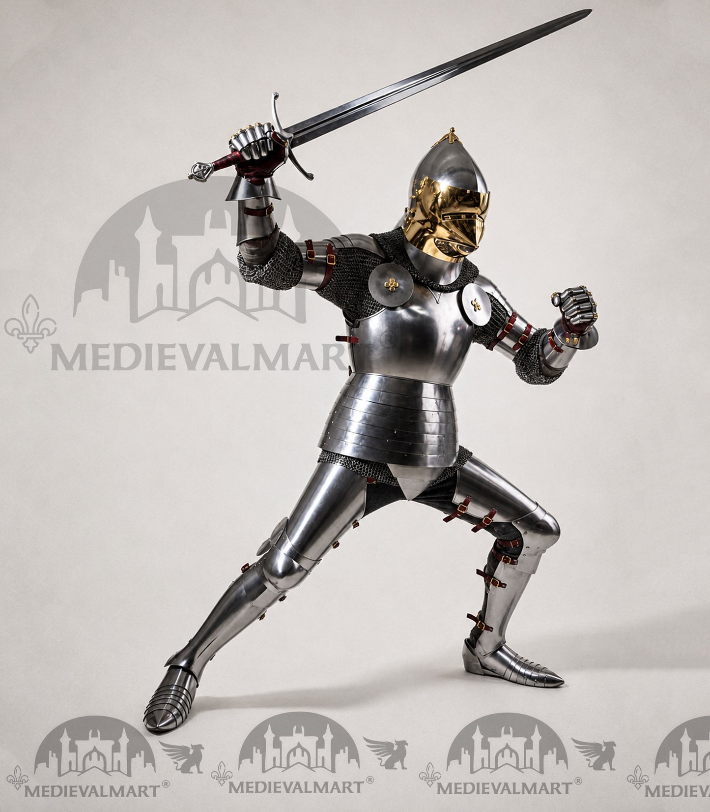 MEDIEVALMART 15th-Century English knight Warrior Gothic Plate Armor Costume W/H Gold Face Hounskull Helmet