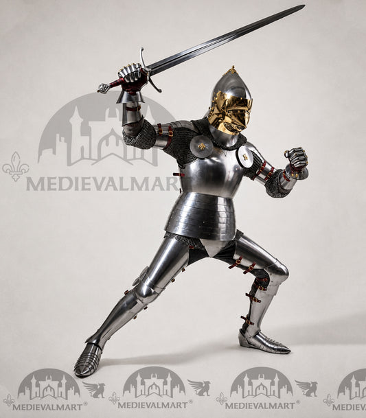 MEDIEVALMART 15th-Century English knight Warrior Gothic Plate Armor Costume W/H Gold Face Hounskull Helmet