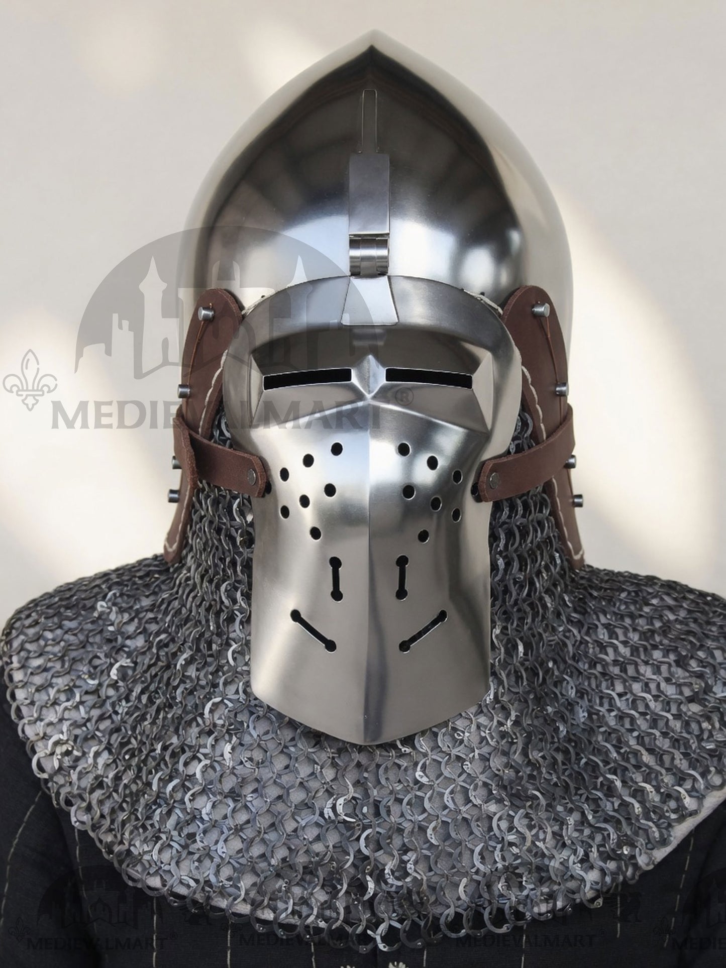 MEDIEVALMART Medieval Klappvisier Bascinet Helmet with Hinged Visor & Chainmail Aventail, Best for Reenactment