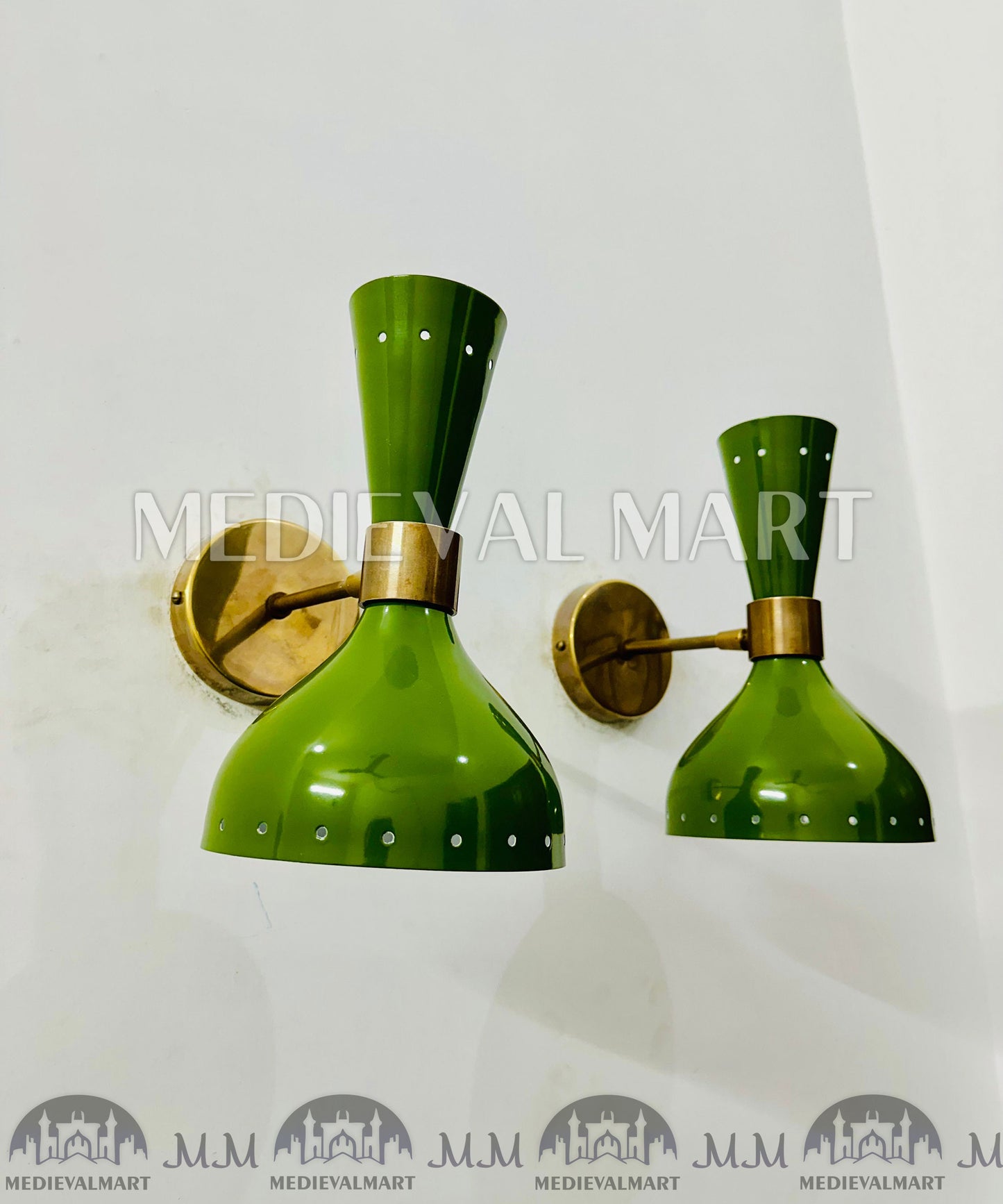 MEDIEVALMART 1950s Brass Mid Century Italian Diabolo Green Wall Scones Light