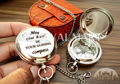 MEDIEVALMART Minimalist Nautical Cute Engrave Pocket Compass Chrome Finish W/H Gen-2 Wooden Case | Gift For Mom