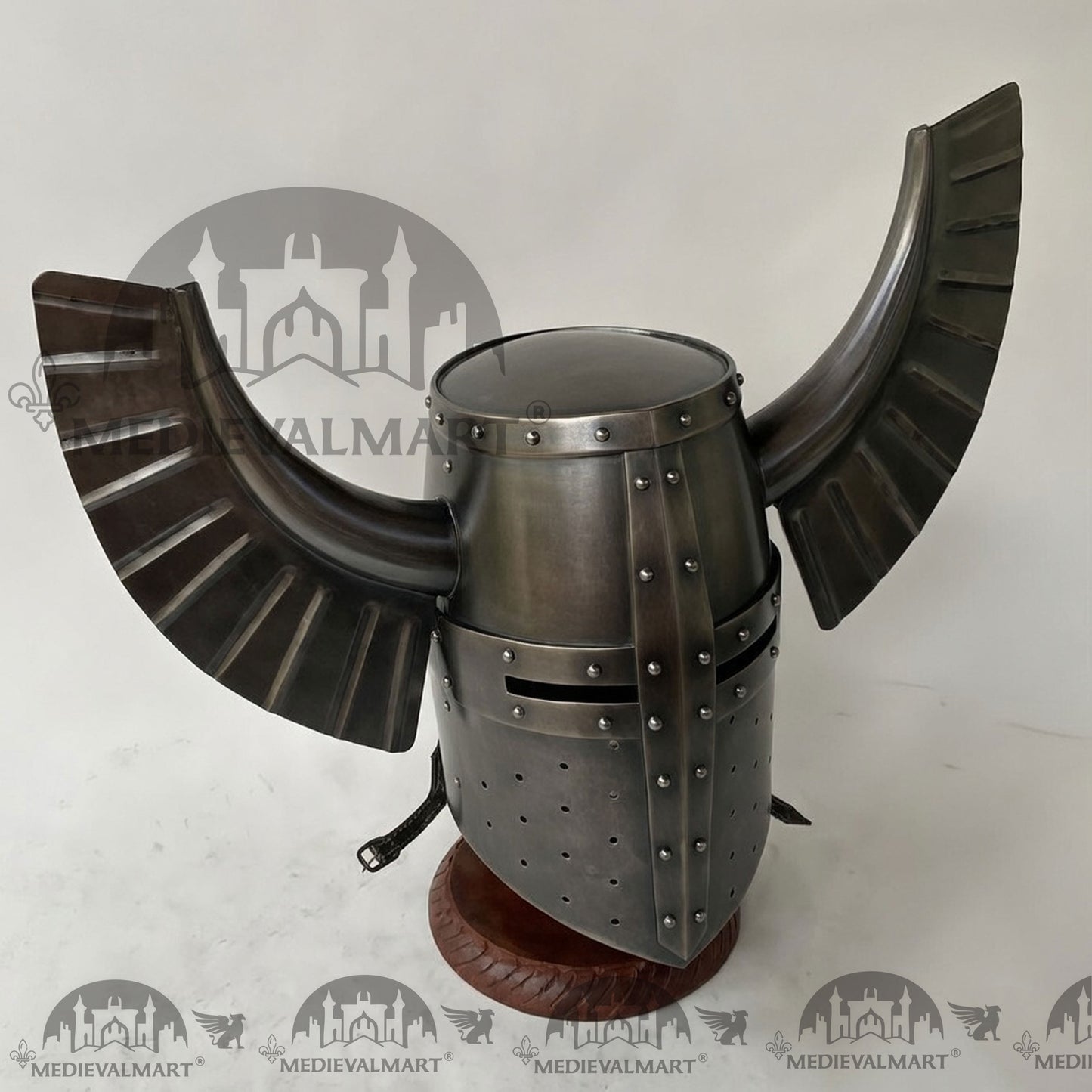 MEDIEVALMART Medieval Templar Warrior Teutonic Antique Black Finish Wing Helmet with Free Stand