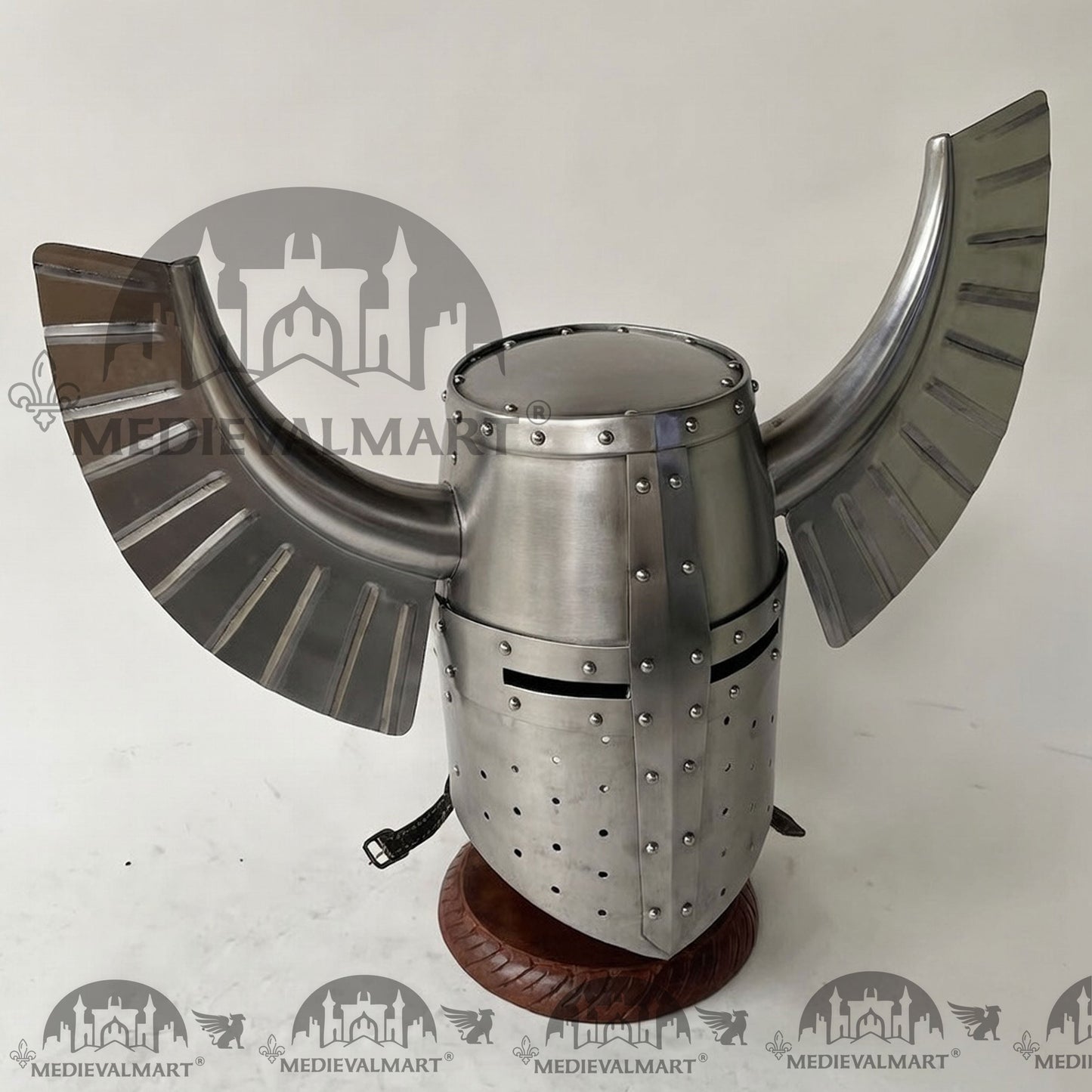 MEDIEVALMART Medieval Templar Warrior Teutonic Wing Helmet Silver Finish with Free Stand