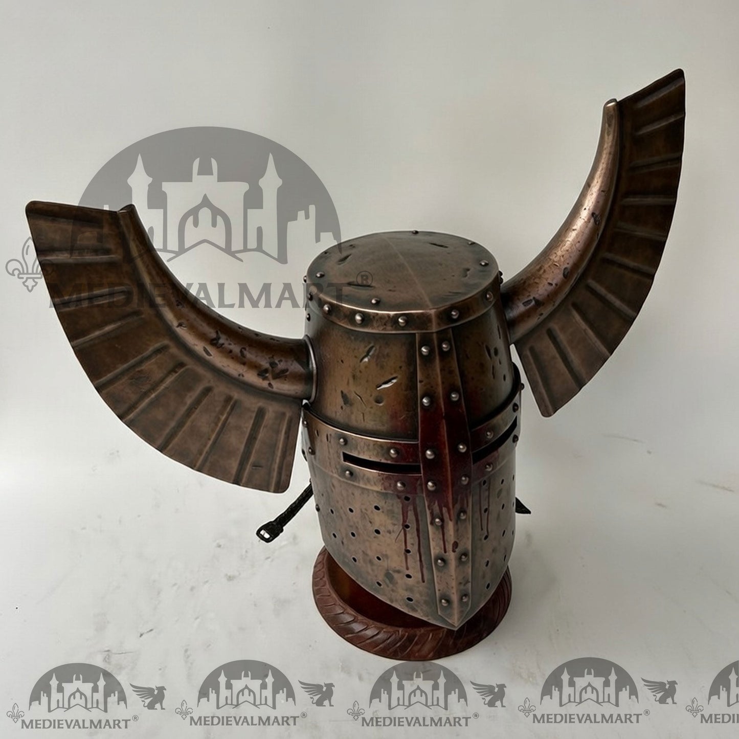MEDIEVALMART Medieval Templar Warrior Teutonic Damage Copper W/H Blood Finish Wing Helmet with Free Stand