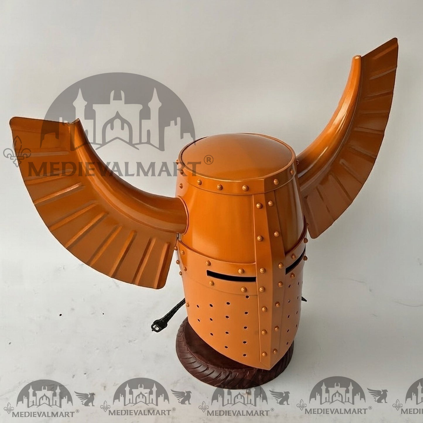 MEDIEVALMART Medieval Templar Warrior Teutonic Orange Finish Wing Helmet with Free Stand