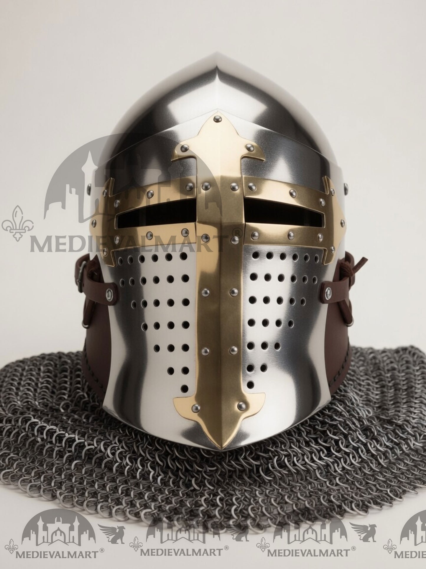 MEDIEVALMART Casque de chevalier Buhurt européen médiéval ROA avec décorations dorées