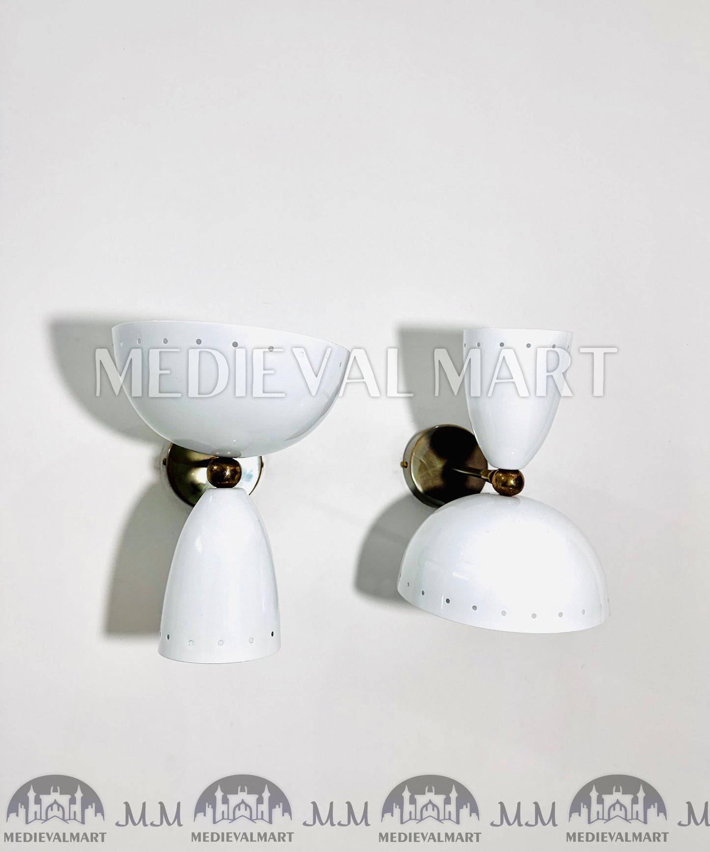 MEDIEVALMART Raw Brass Italian Mid Century Wall Sconces, White Bowl Lighting Pair