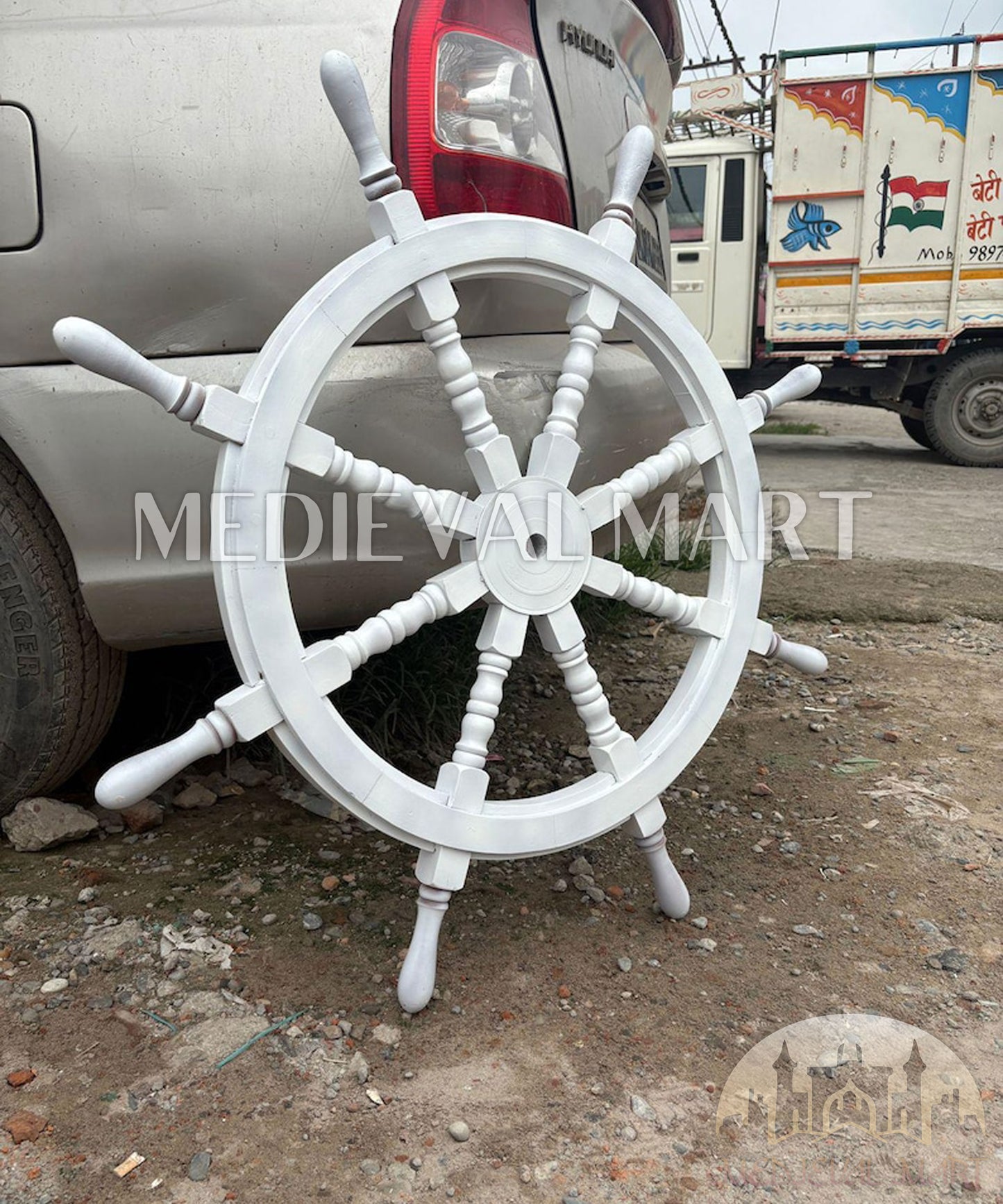 MEDIEVALMART Nautical Wooden "White" Ship Wheel for Wall Decor