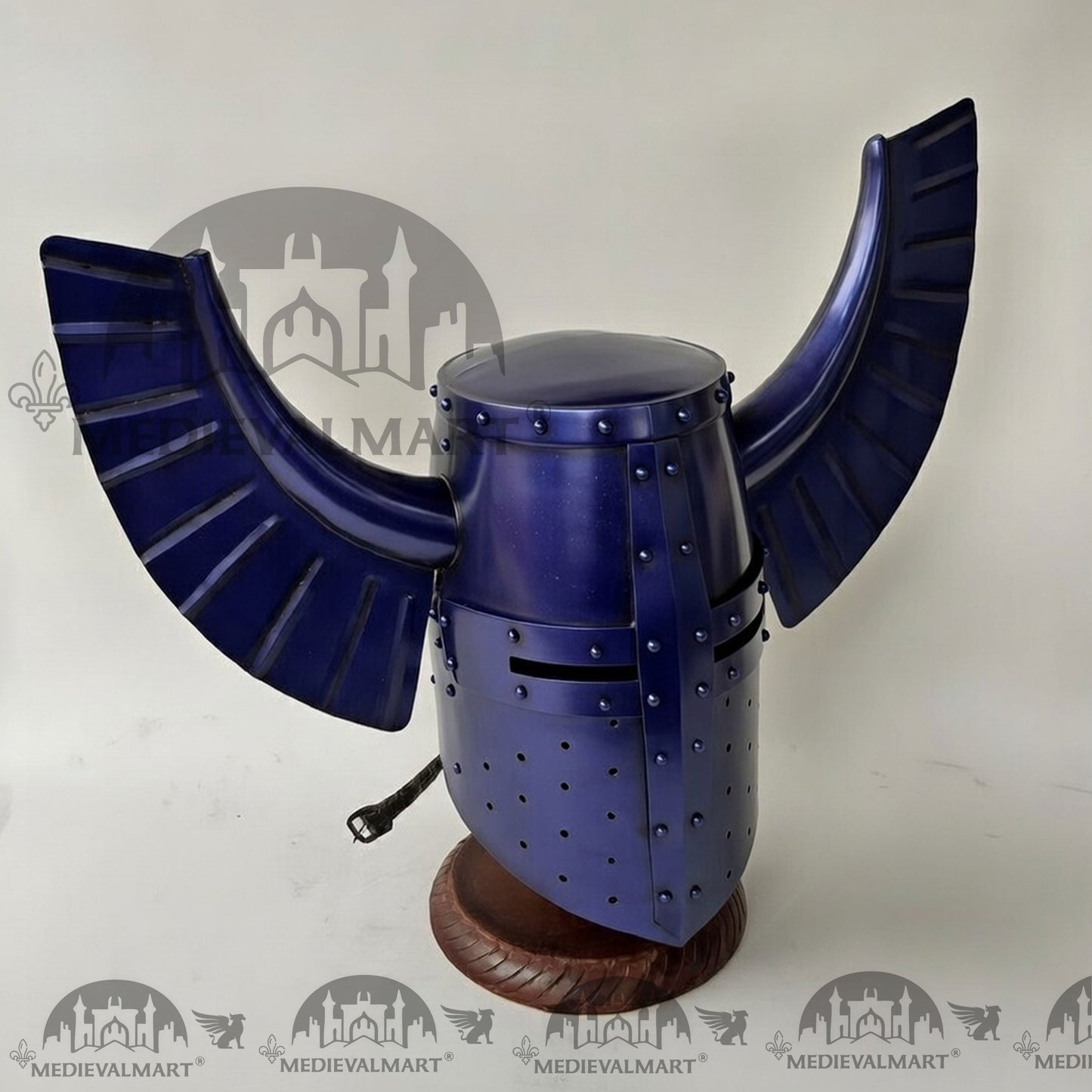 MEDIEVALMART Medieval Templar Warrior Teutonic Blue Finish Wing Helmet with Free Stand