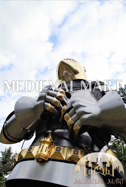MEDIEVALMART Historical Knight Full Body Steel Armor Suit W/H Hundsgugel Helmet, Cuirass Stop Rib or Brass Touch
