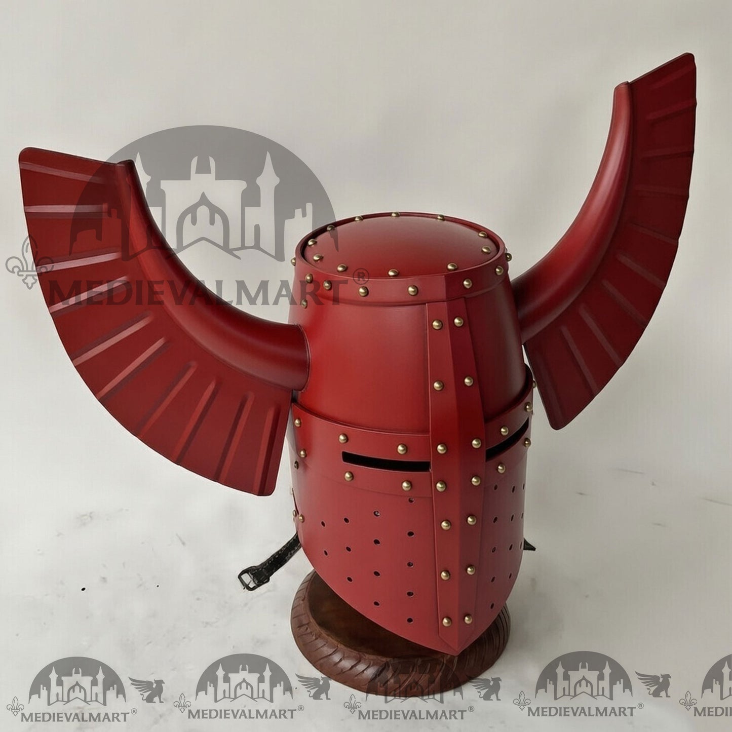 MEDIEVALMART Medieval Templar Warrior Teutonic Antique Red W/H Gold Rivets Wing Helmet with Free Stand
