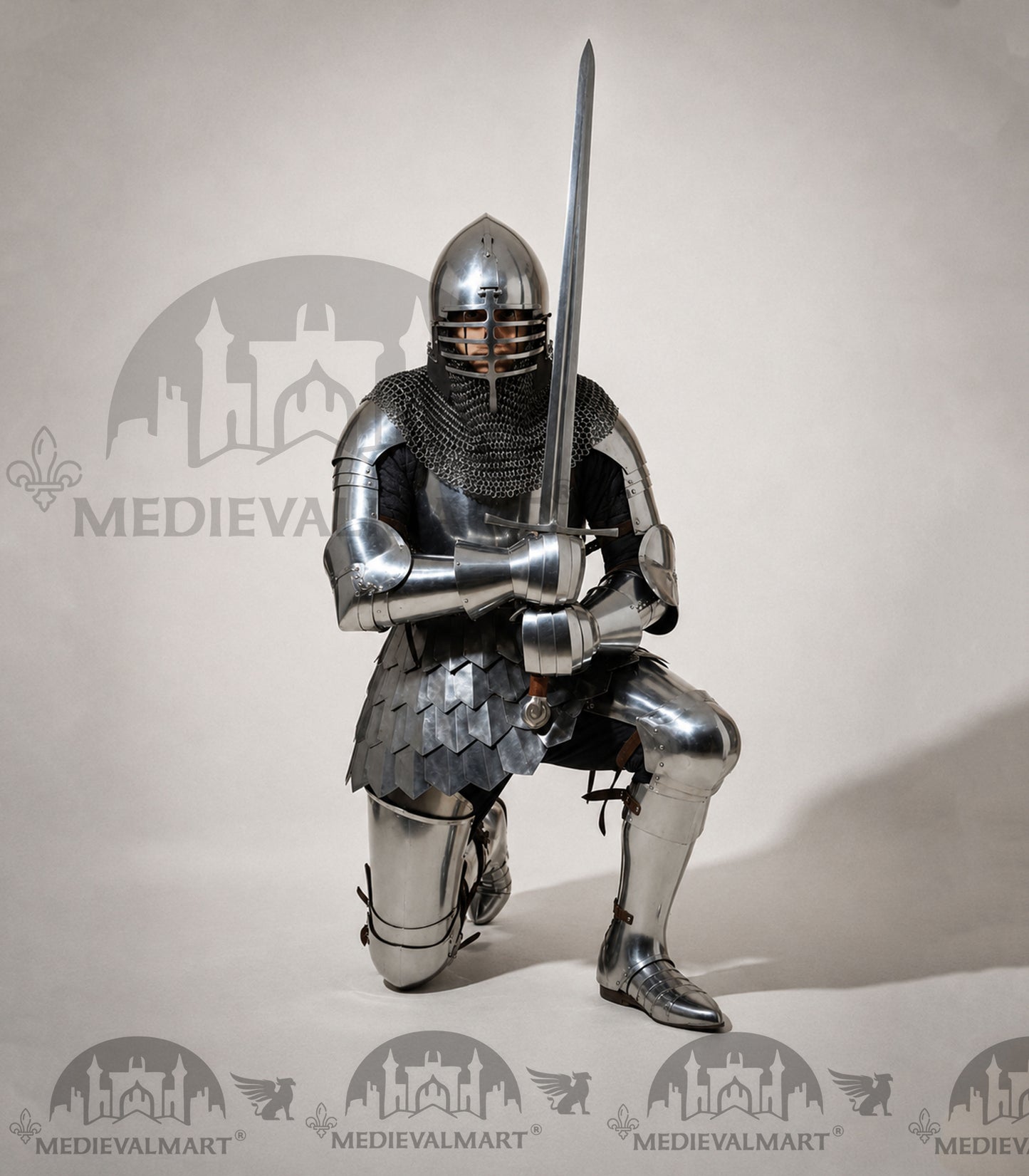 MEDIEVALMART 14th Century Knight Crusader-Era Transitional Plate Hybrid Armor W/H Wolf Ribs Bacinet & Pole Arms Hammer