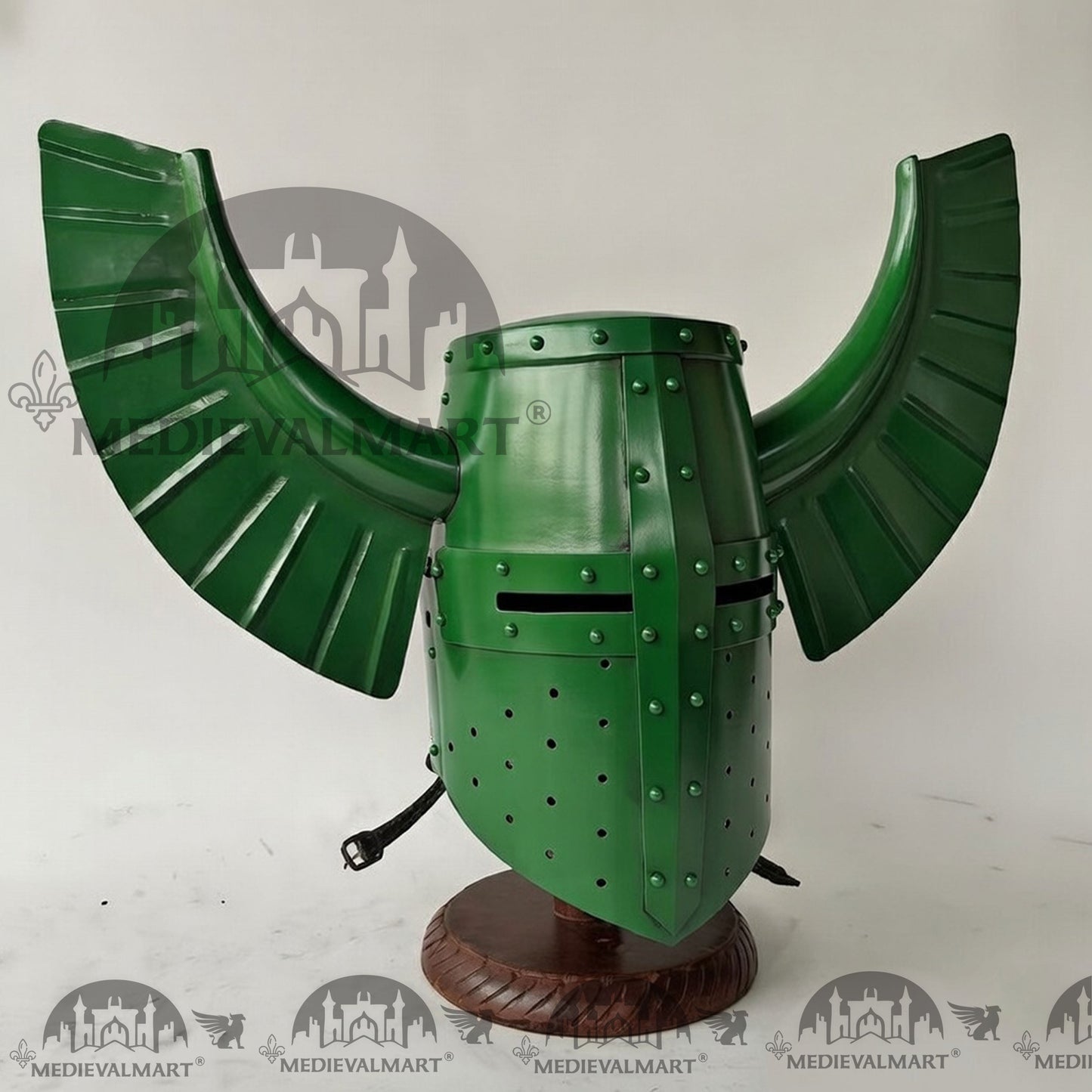 MEDIEVALMART Medieval Templar Warrior Teutonic Green Finish Wing Helmet with Free Stand