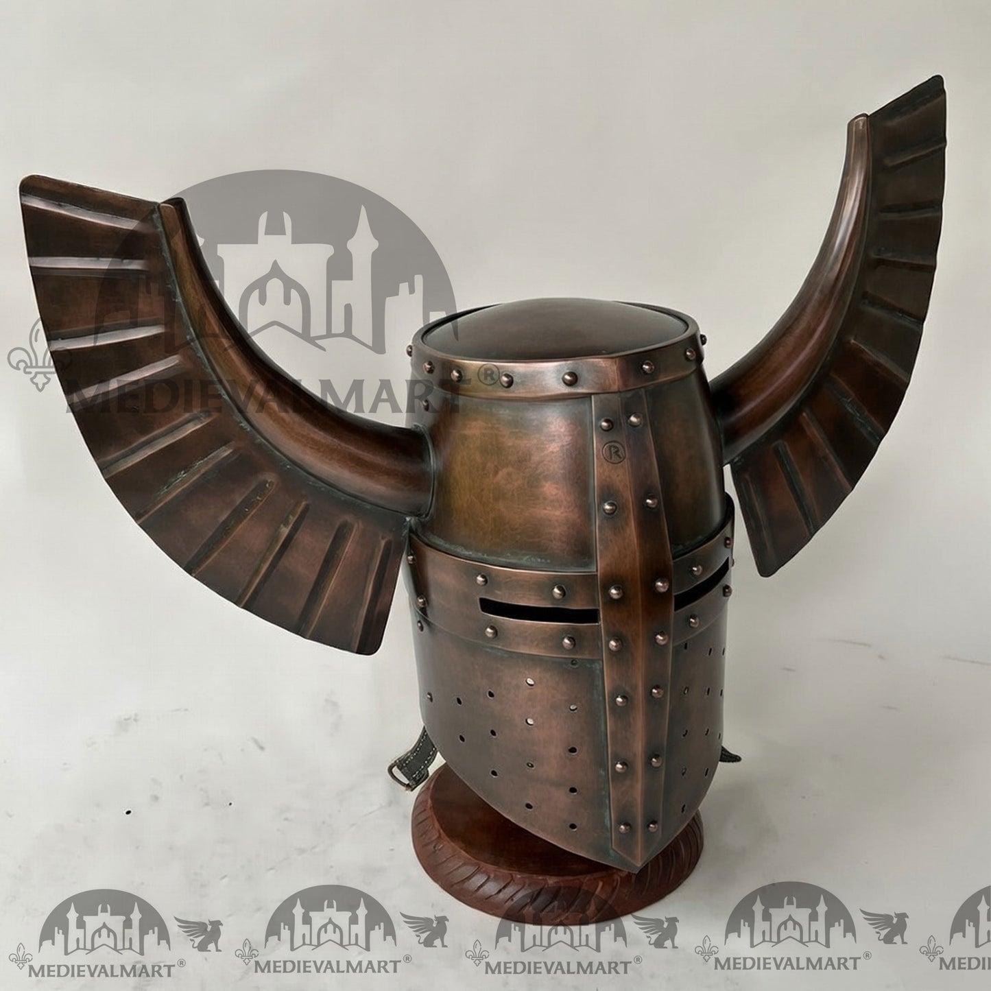 MEDIEVALMART Medieval Templar Warrior Teutonic Antique Copper Finish Wing Helmet with Free Stand