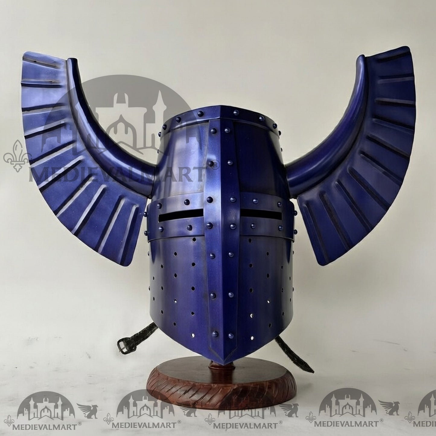 MEDIEVALMART Medieval Templar Warrior Teutonic Blue Finish Wing Helmet with Free Stand