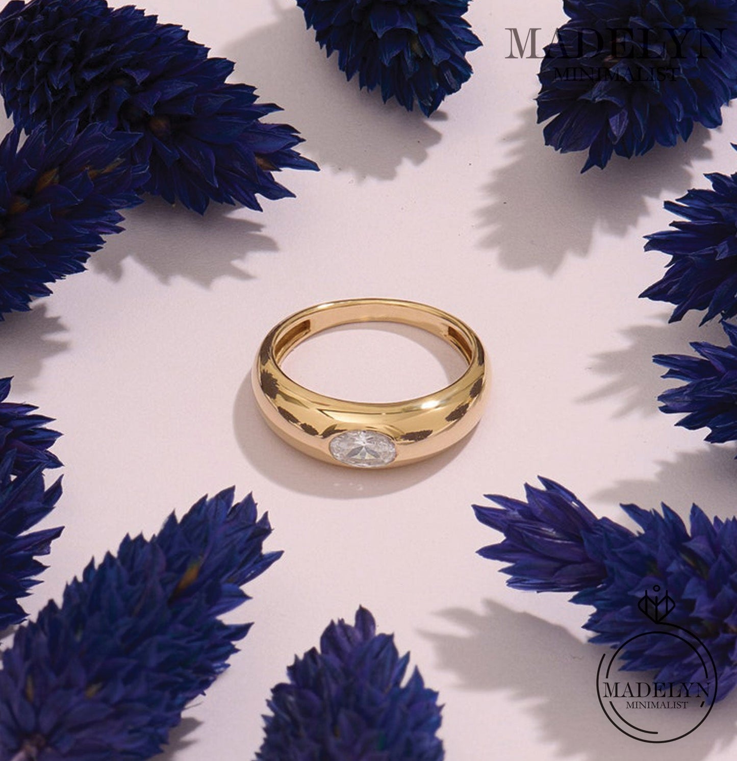 MADELYN MINIMALIST 14k Solid Gold Bezel Diamond Dome Engagement Ring Chunky Thick Band | Gift for Mom