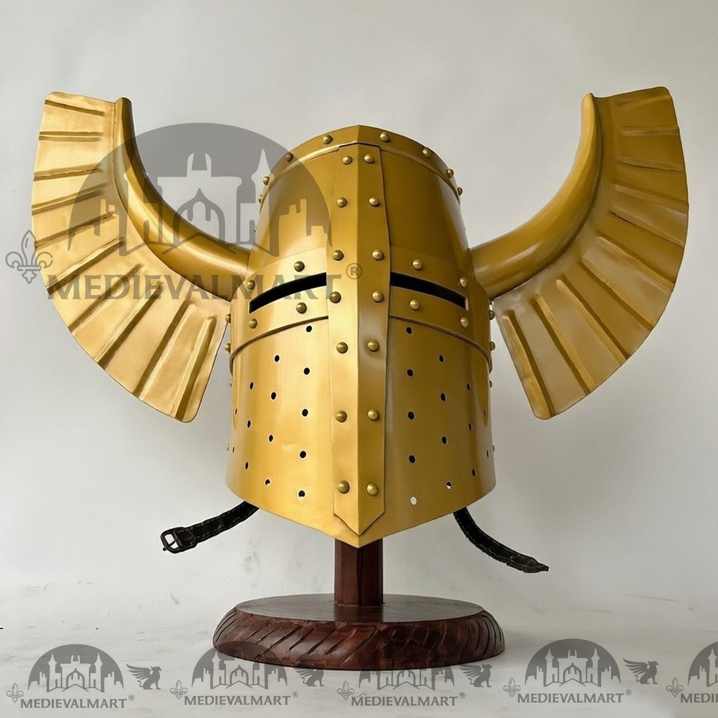 MEDIEVALMART Medieval Templar Warrior Teutonic Yellow Finish Wing Helmet with Free Stand