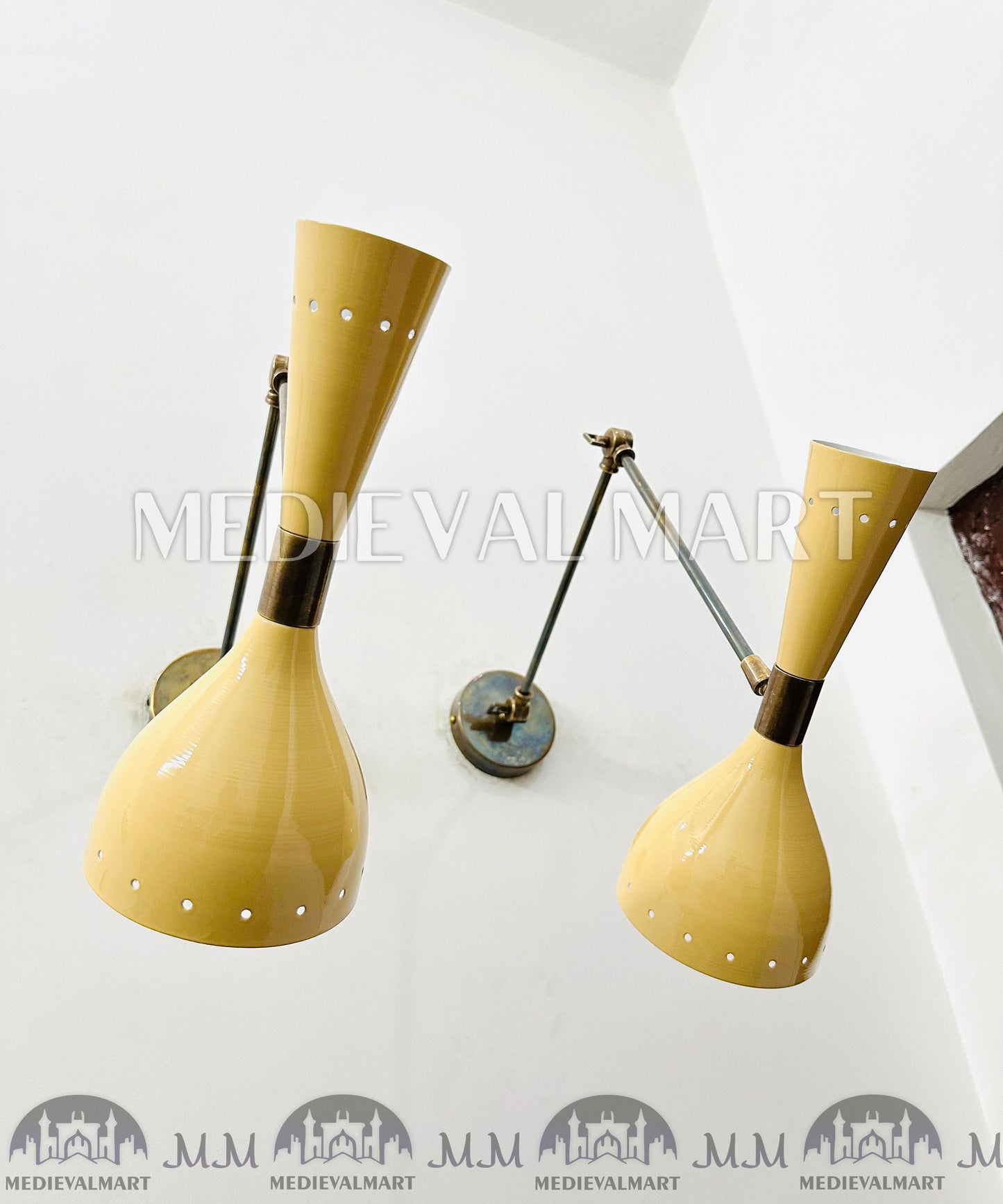 MEDIEVALMART Mid Century Brass Wall Sconce Lamp Italian Stilnovo Lighting Pair Fixtures