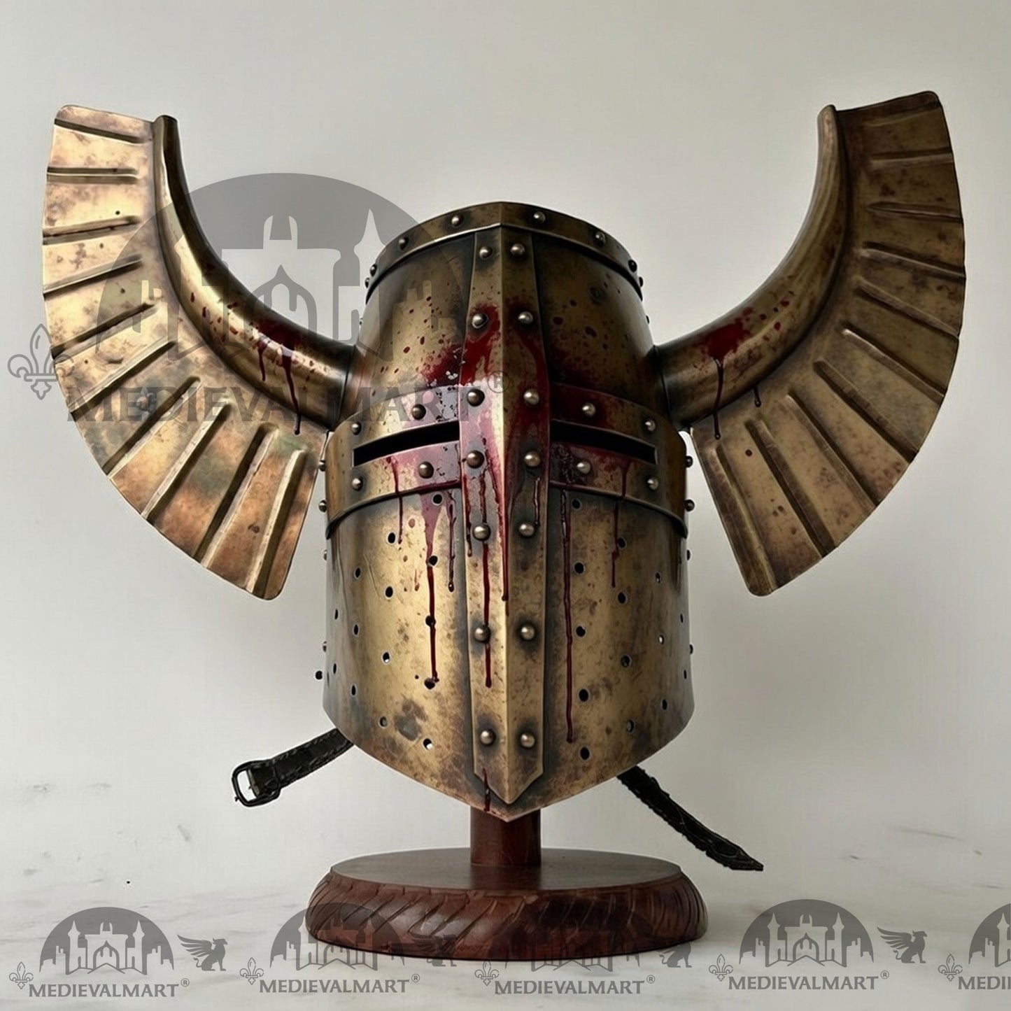 MEDIEVALMART Medieval Templar Warrior Teutonic Damage Gold W/H Blood Finish Finish Wing Helmet with Free Stand