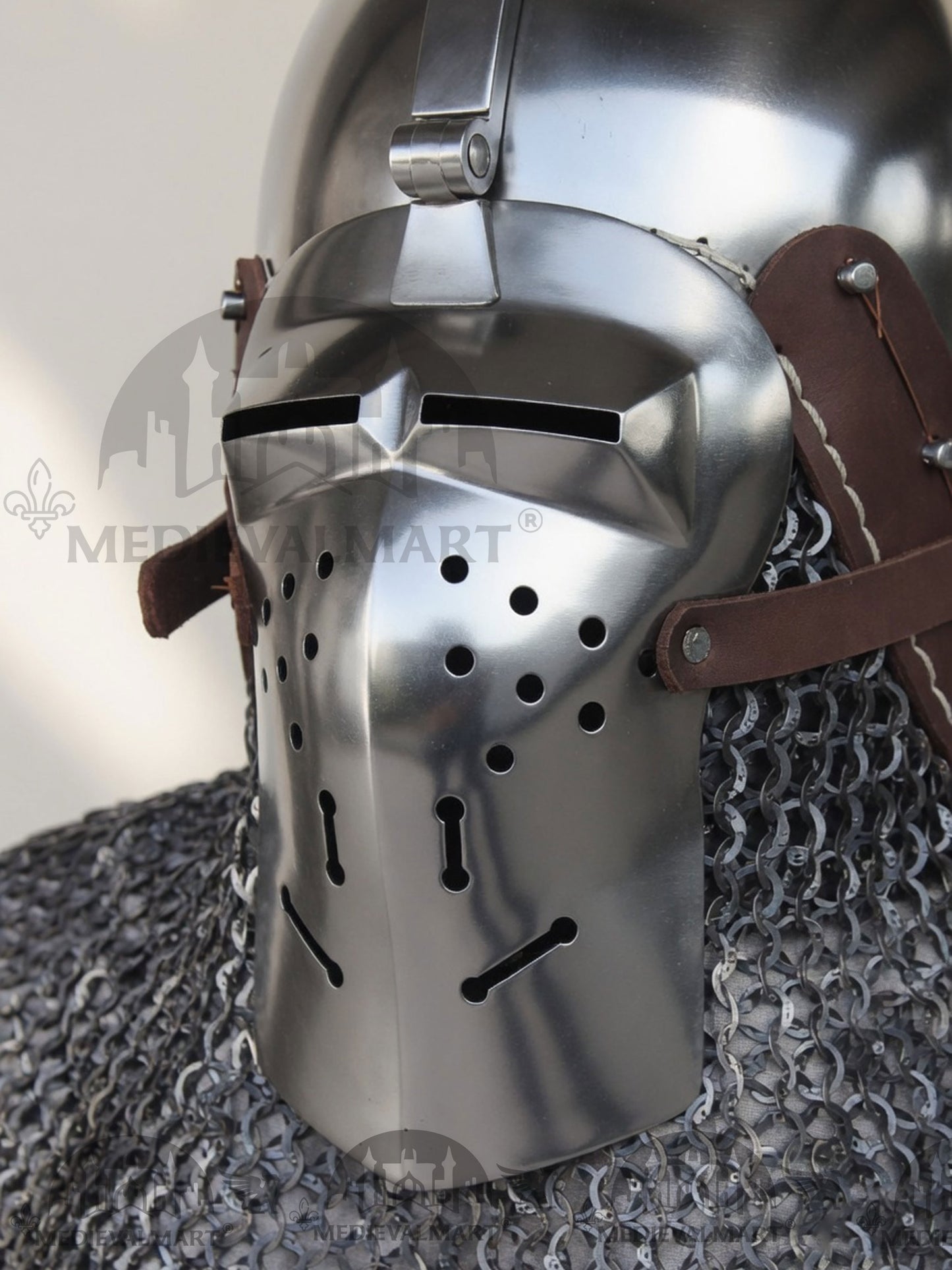 MEDIEVALMART Medieval Klappvisier Bascinet Helmet with Hinged Visor & Chainmail Aventail, Best for Reenactment