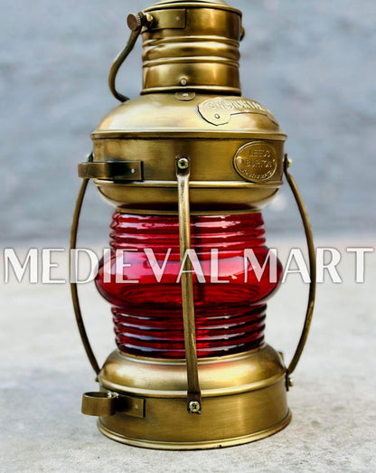 MEDIEVALMART Nautical Vintage Brass Red Glass Ship Oil Lamp - Personal Engraving Marine Lantern
