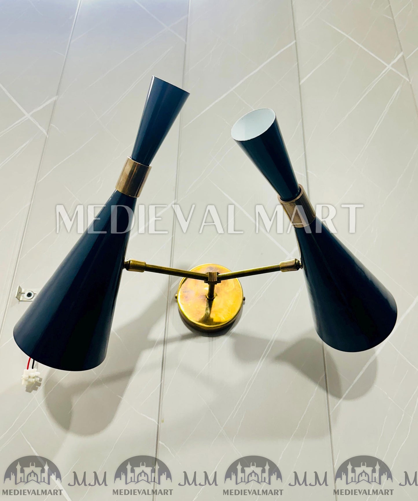 MEDIEVALMART Customized Handcrafted Mid-Century Brass Wall Sconce - Double Arm Shade Light Fixttue.