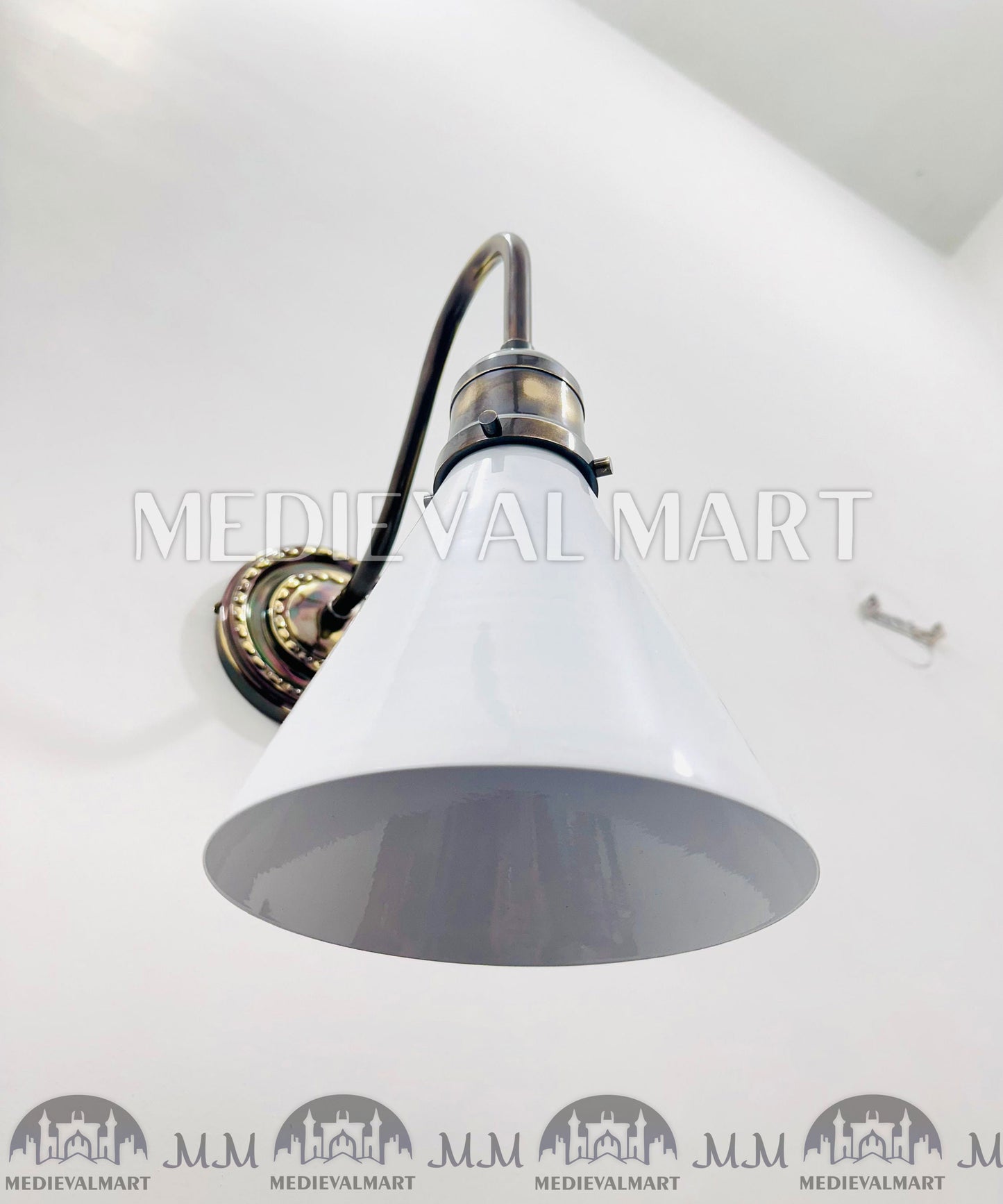 MEDIEVALMART Mid Century Modern Brass Diabolo Wall Lamp - White Glass Sconce