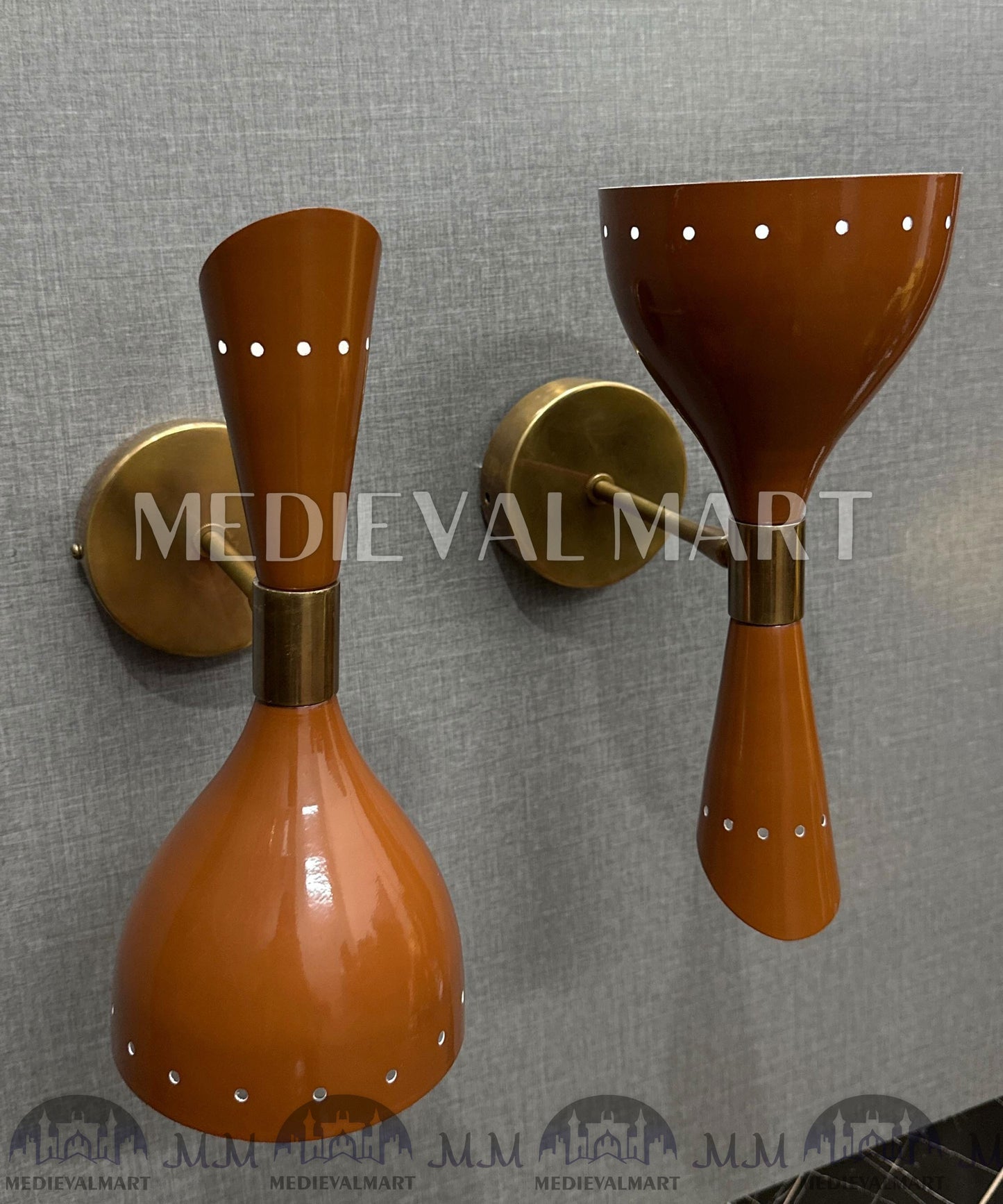 MEDIEVALMART Brass Double Cone Sconce Brown Wall Lamp, Handmade Vanity Light