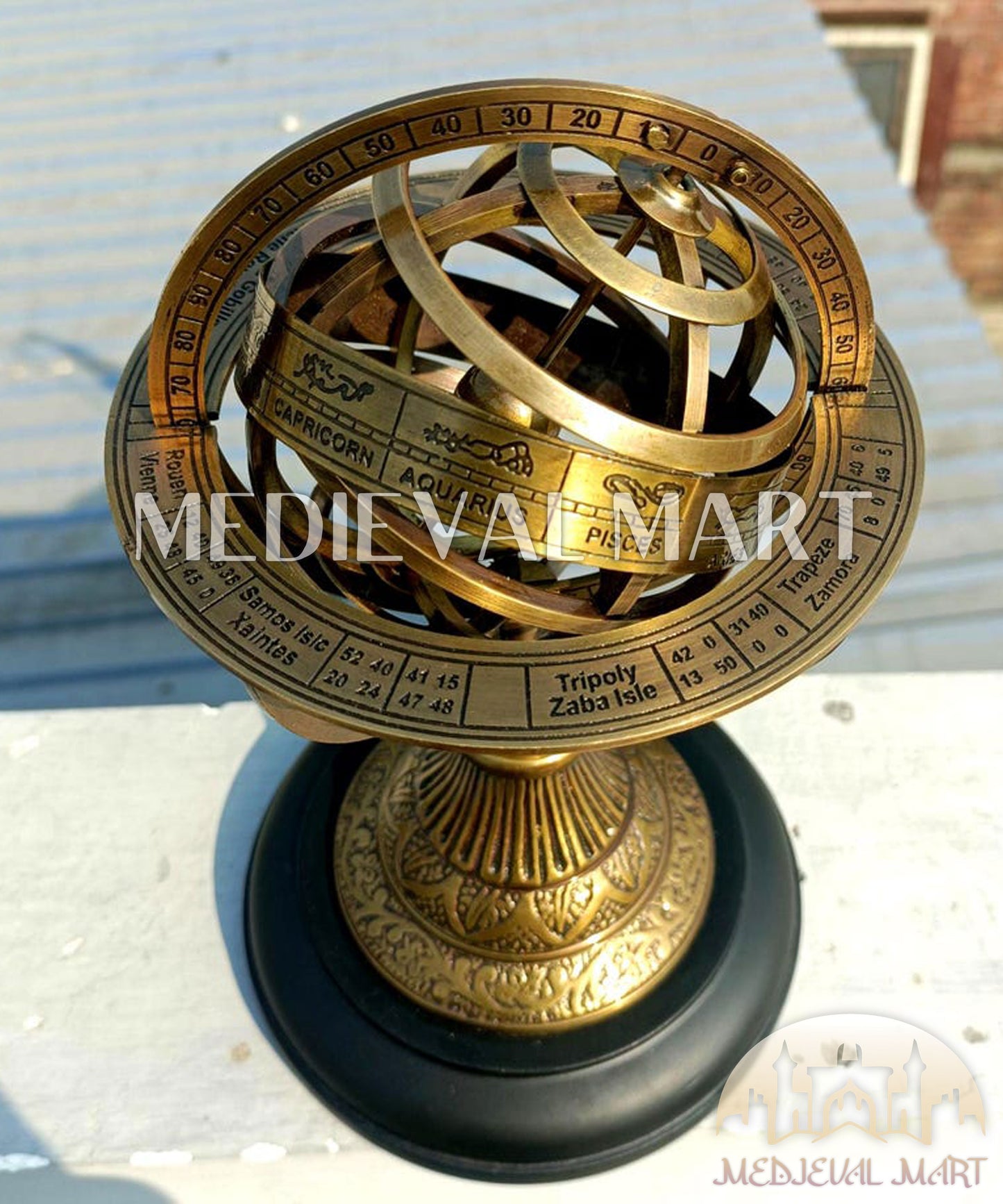 MEDIEVALMART Handmade Brass Armillary Globe Engraved Zodiac Astrolabe on Wooden Base Gift For Christmas Day