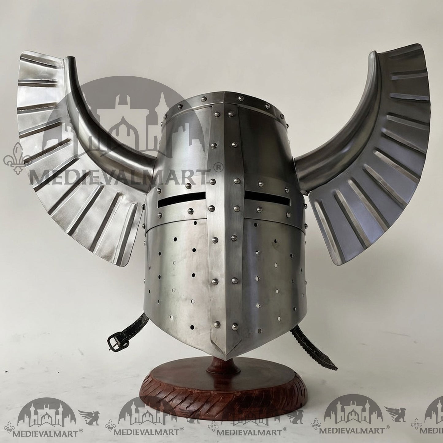 MEDIEVALMART Medieval Templar Warrior Teutonic Wing Helmet Silver Finish with Free Stand