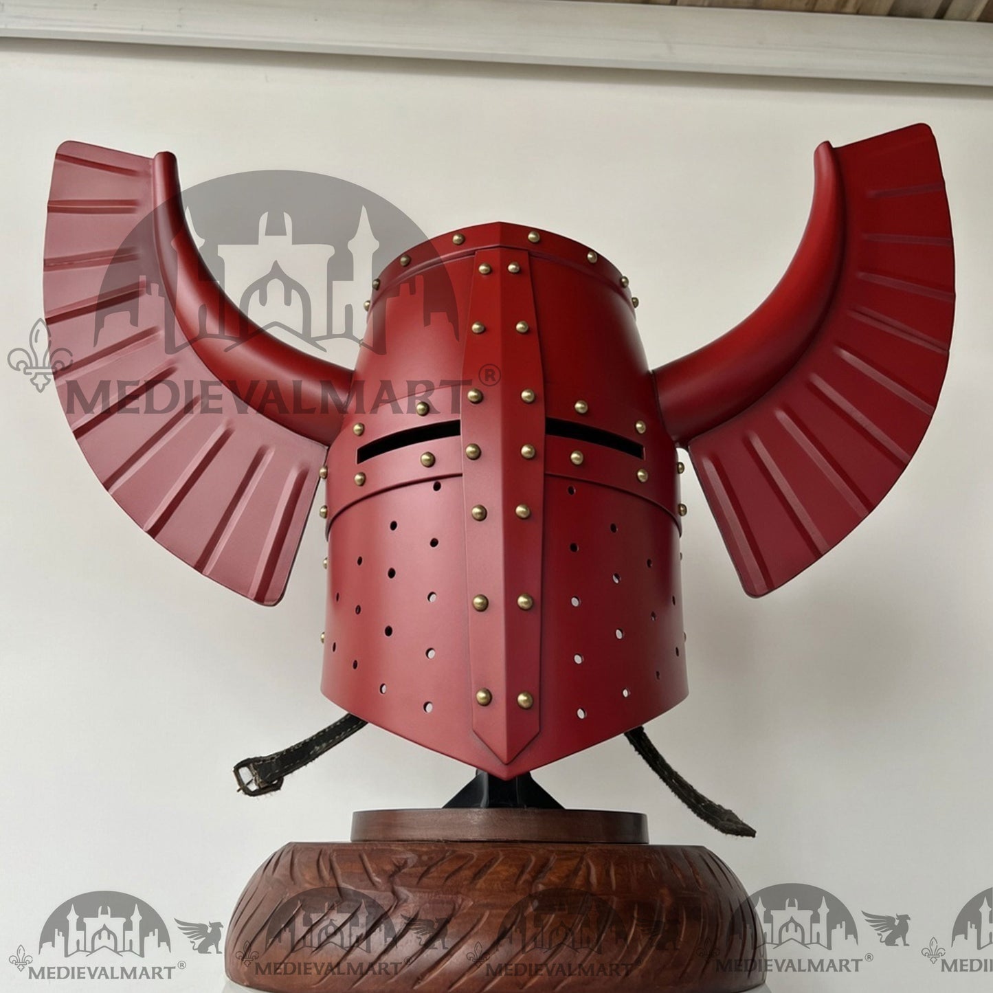 MEDIEVALMART Medieval Templar Warrior Teutonic Antique Red W/H Gold Rivets Wing Helmet with Free Stand