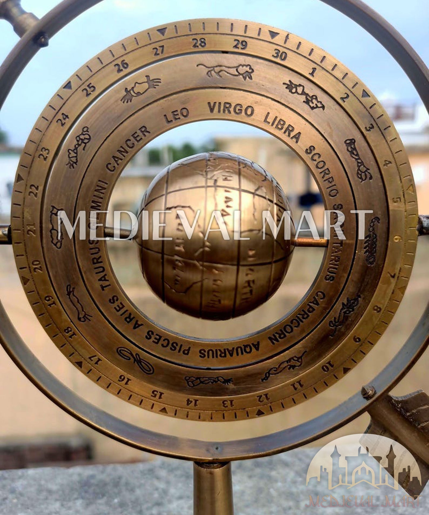 MEDIEVALMART Handmade Brass Armillary Sphere with Arrow: Nautical Astrolabe Globe Gift For Dad