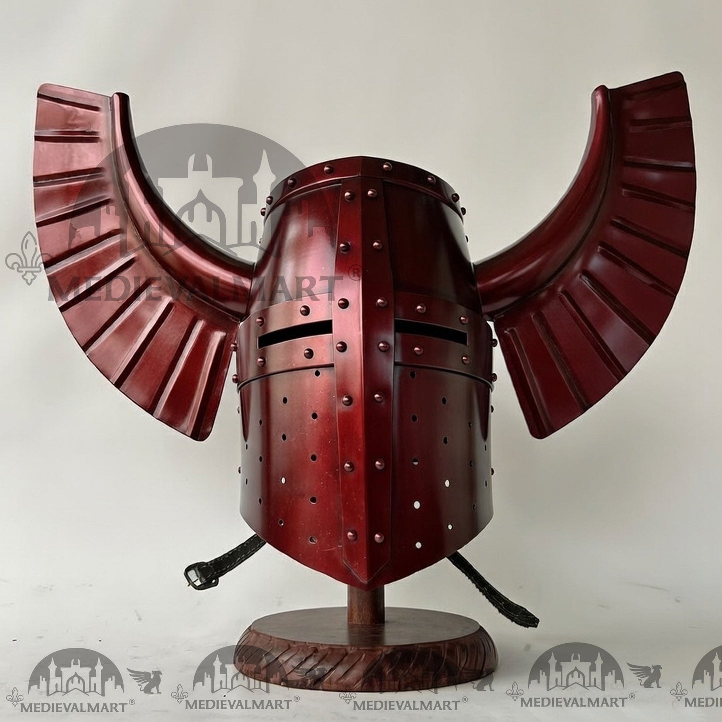 MEDIEVALMART Medieval Templar Warrior Teutonic Maroon Red Finish Wing Helmet with Free Stand