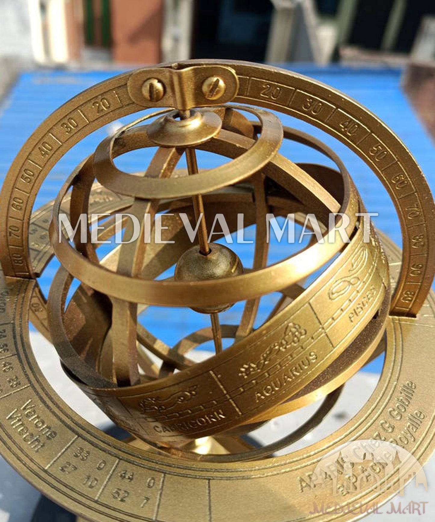 MEDIEVALMART Handmade Engraved Brass Armillary Sphere with Wooden Base – Nautical Globe Decor