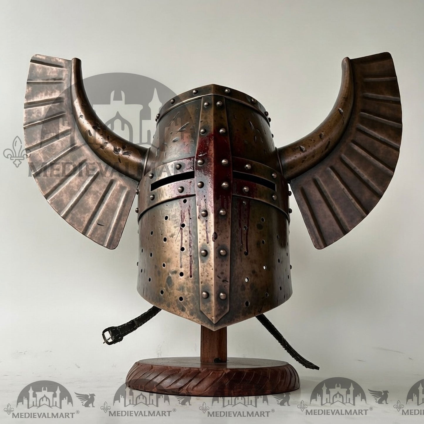 MEDIEVALMART Medieval Templar Warrior Teutonic Damage Copper W/H Blood Finish Wing Helmet with Free Stand