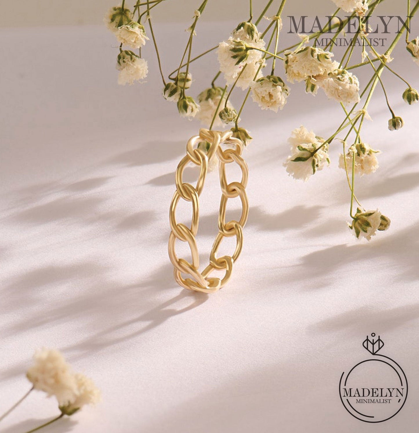 MADELYN MINIMALIST 14k Solid Gold Minimalist Oval Chain Ring, Curb Link Stacking Band for Women | Gift for Mom