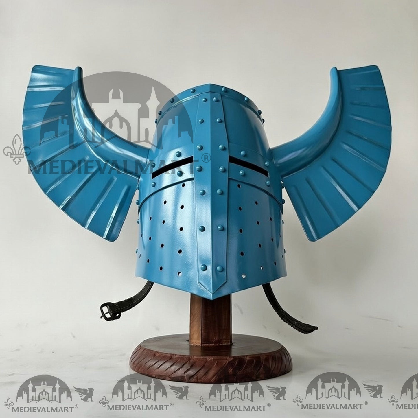 MEDIEVALMART Medieval Templar Warrior Teutonic Aqua Blue Finish Wing Helmet with Free Stand