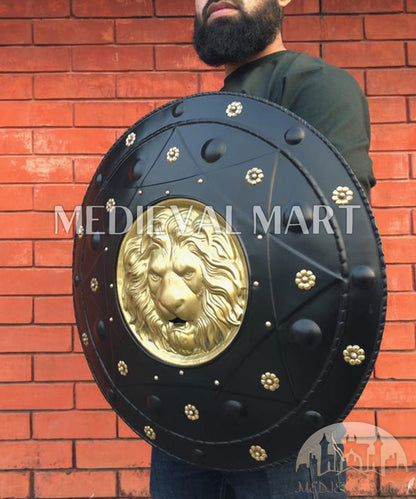 MEDIEVALMART Medieval Lion Face Spartan Shield W/H Black Finish | Gift For Dad