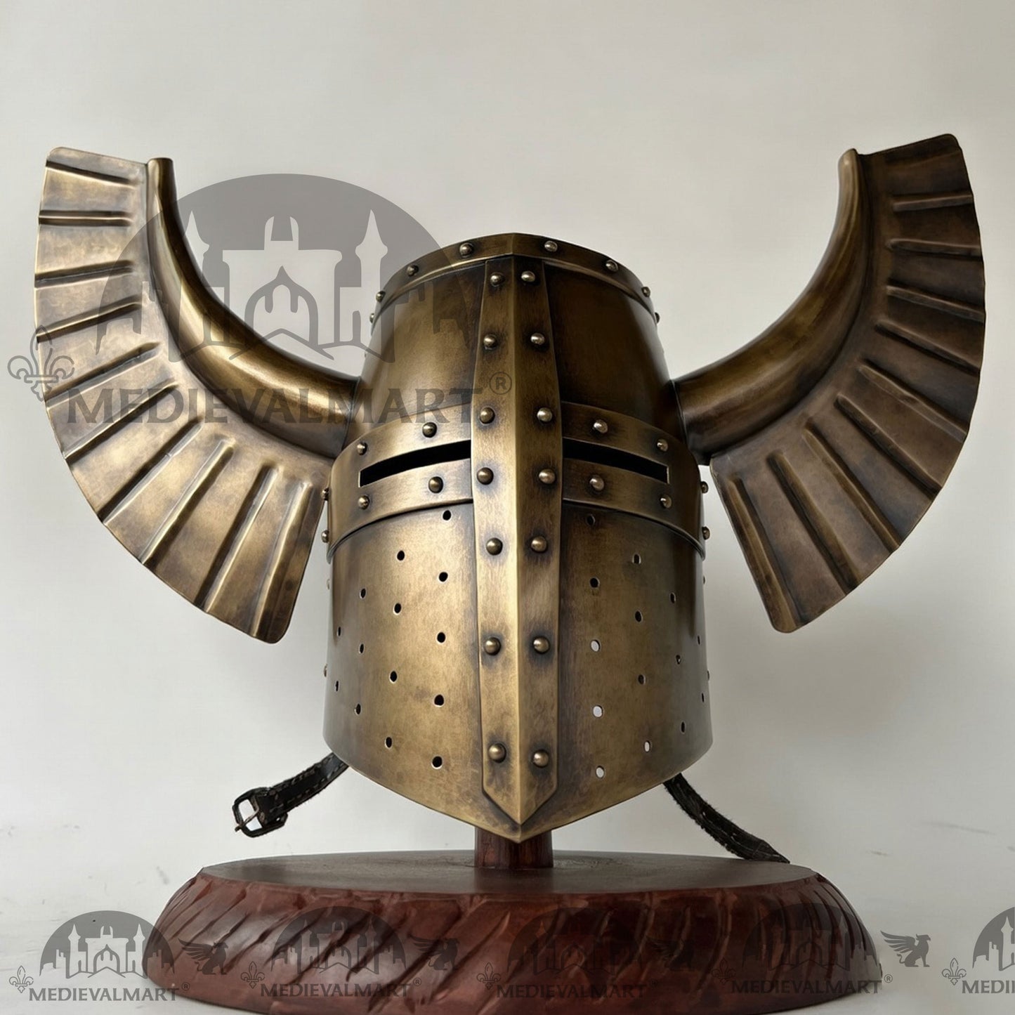 MEDIEVALMART Medieval Templar Warrior Teutonic Antique Gold Finish Wing Helmet with Free Stand