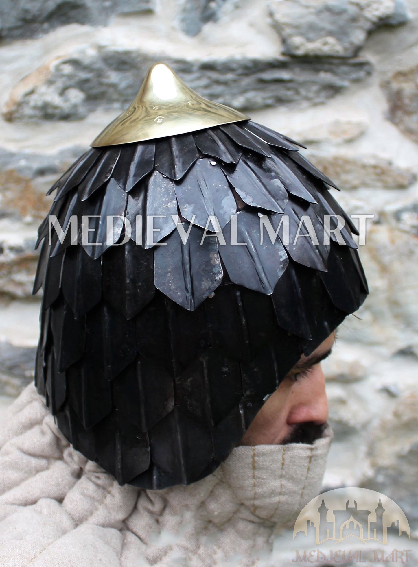 MEDIEVALMART Medieval Historical Scaled Skull Cap Helmet W/H Antique Black Polished & Carbon Steel