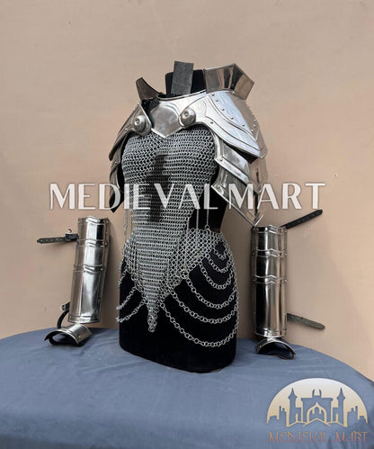 MEDIEVALMART (Isolara Dragonplate) Women’s Armor W/H Silver (Dragonfang) Jesus Chainmail + Arms Armor