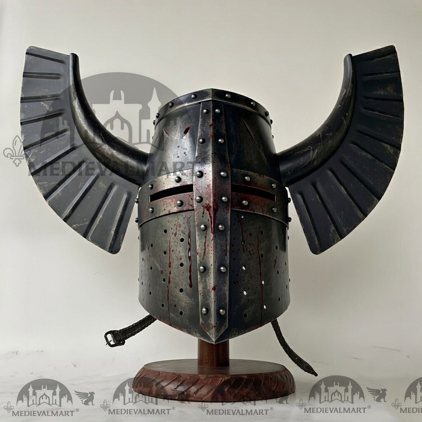 MEDIEVALMART Medieval Templar Warrior Teutonic Damage Black W/H Blood Finish Wing Helmet with Free Stand