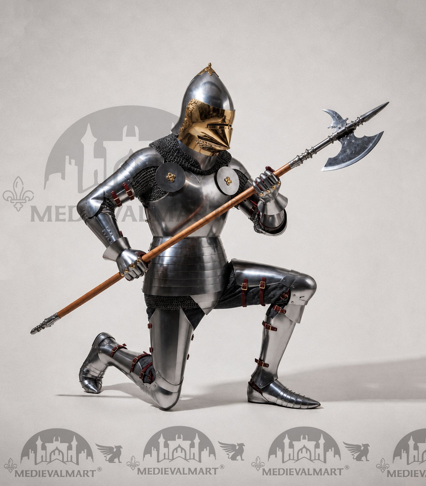 MEDIEVALMART 15th-Century English knight Warrior Gothic Plate Armor Costume W/H Gold Face Hounskull Helmet